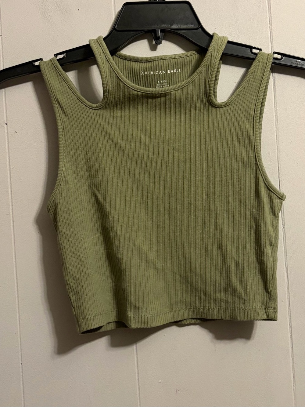 American Eagle Outfitters Olive Ribbed Cutout Shoulder Tank cropped
